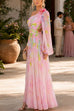 One Shoulder Puff Long Sleeve Cut Out Waist Printed Maxi Dress