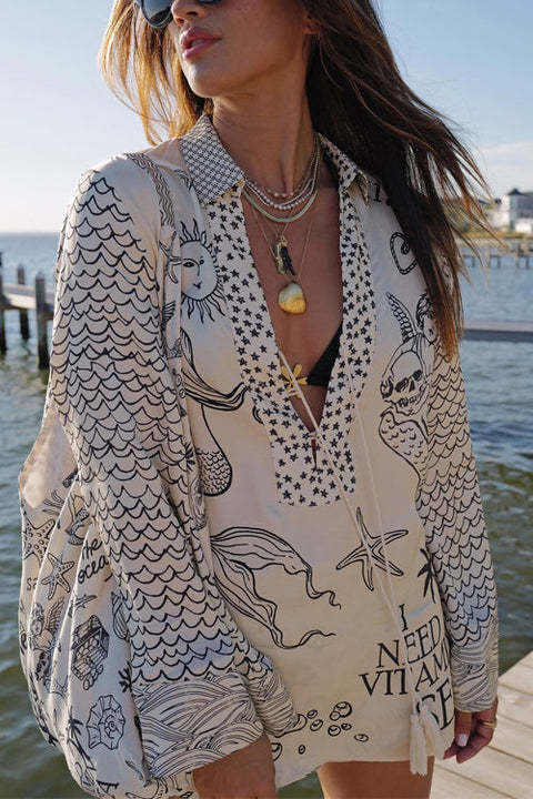 Febedress Collared V Neck Shirt and Side Slit Shorts Vitamin Sea Print Set