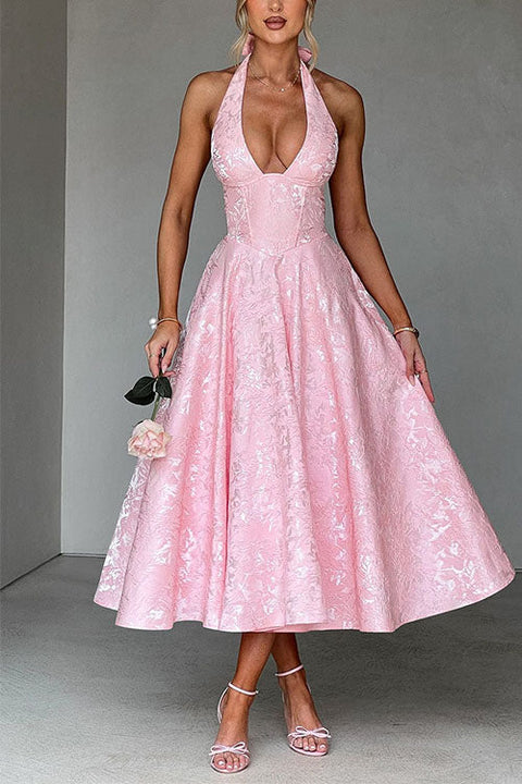 Febedress Halter V Neck Waisted Jacquard Swing Midi Party Dress