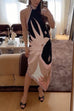 Febedress Halter Neck Open Back Asymmetric Hem Printed Satin Midi Dress