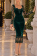 Febedress V Neck Long Sleeves Lace Splice Velvet Bodycon Midi Dress