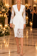 Febedress V Neck Long Sleeves Back Slit Lace Patchwork Bodycon Dress