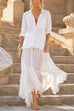 Febedress Lapel Long Sleeves Organza Splice Ruffle Denim Maxi Dress