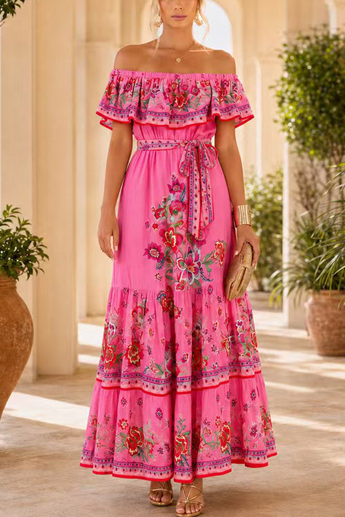 Febedress Off Shoulder Floral Print Ruffle Tiered Maxi Dress