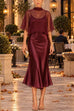 Febedress Mock Neck Chiffon Cape Overlay Satin Midi Dress Set (A)
