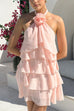 Febedress Flower Halter Neck Backless Ruffle Layered Mini Dress