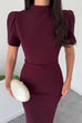Mockneck Puff Short Sleeves Back Slit Midi Dress