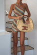 Febedress One Shoulder Sleeveless Color Block Crochet Mini Dress