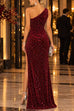 Febedress One Shoulder Ruched Sequin Velvet High Slit Maxi Dress (B)