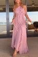 Febedress Strappy Halter Neck Ruffle Trim Asymmetric Hem Pleated Maxi Dress