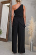 One Shoulder Irregular Hem Top High Rise Pocketed Wide Leg Pants Set
