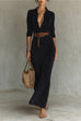 Febedress Long Sleeves Button Up Faux Suede Belted Maxi Dress