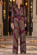Febedress Lapel Long Sleeves Shirt High Rise Pocketed Straight Leg Pants Paisley Print Set (C)