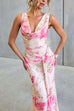 Cowl Neck Criss Cross Backless Floral Print Knot Waist Maxi Dress