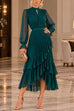 Febedress Mock Neck Sheer Sleeve Pleated Ruffle High-Low Midi Dress (E)