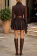 Febedress Lapel Long Sleeves Button Up Plaid Mini Dress