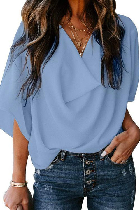 Febedress Cowl Neck Short Sleeve Drape Chiffon Shirt