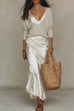 Febedress V Neck Drop Shoulder Sweater and Satin Maxi Cami Dress Set