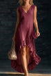 Febedress V Neck Sleeveless High Low Hem Ruffle Maxi Dress