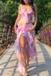 Febedress V Neck Backless Ruffle Trim Slit Floral Print Maxi Cami Dress