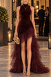 Febedress Mock Neck Ruched Velvet & Tulle High-Low Maxi Dress