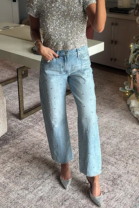 Febedress Rhinestone Embellished Pocketed Straight Leg Pants