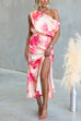 One Shoulder Floral Print Slit Satin Maxi Dress