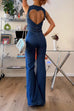 Febedress Zip Up Sleeveless Heart Back Bell Bottom Denim Jumpsuit