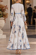 Febedress V Neck Lantern Long Sleeves Floral Print Pleated Maxi Dress (B)