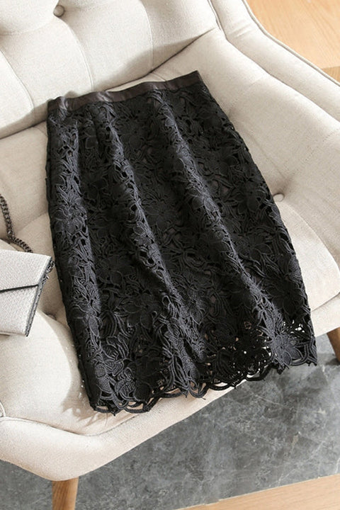 Febedress High Rise Lace Hollow Out Midi Skirt