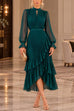 Febedress Mock Neck Sheer Sleeve Pleated Ruffle High-Low Midi Dress (E)