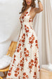 Halter V Neck Backless Floral Print Maxi Dress
