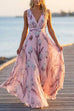 Deep V Neck Sleeveless Floral Print Swing Maxi Dress