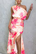 One Shoulder Floral Print Slit Satin Maxi Dress