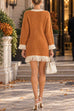 Febedress V-Neck Contrast Trim Fringe Knit Sweater Dress (B)