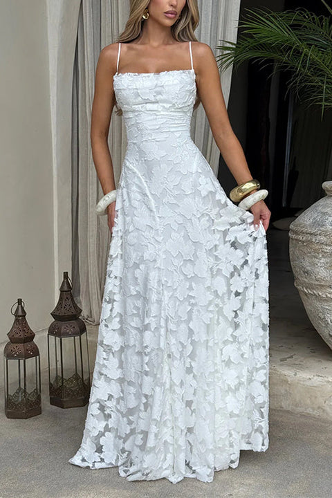 Febedress Spaghetti Strap Backless Lace-up Jacquard Maxi Dress