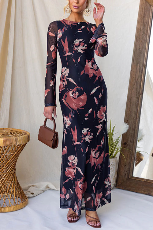 Round Neck Long Sleeves Floral Print Maxi Dress