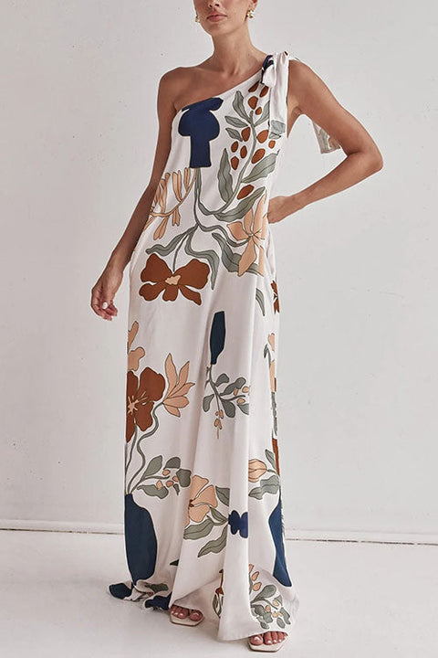 Febedress Tie Knot One Shoulder Floral Print Maxi Dress