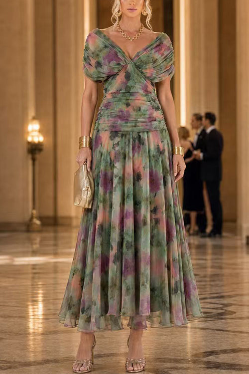 Febedress V Neck Ruched Floral Print Maxi Dress
