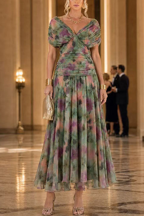 Febedress V Neck Ruched Floral Print Maxi Dress