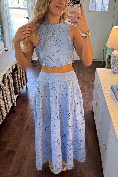 Febedress Lace Hollow Out Sleeveless Crop Top High Waist Maxi Skirt Set