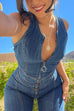 Febedress Zip Up Sleeveless Heart Back Bell Bottom Denim Jumpsuit