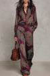 Febedress Lapel Long Sleeves Shirt High Rise Pocketed Straight Leg Pants Paisley Print Set (C)