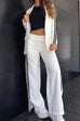Febedress Color Block Open Front Blazer Elastic Waist Slit Wide Leg Pants Set
