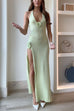 Febedress Halter V Neck Backless Slit Rose Applique Knit Maxi Dress