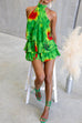 Halter Backless Floral Print Ruffle Romper