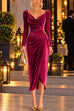 Febedress Cowl Neck Gold Accent Ruched Velvet Midi Dress