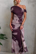 Asymmetrical Shoulder Draped Front Printed Maxi Dress