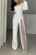 Febedress Stylish One Shoulder Slit Long Sleeve Mesh Splice Wide Leg Jumpsuit