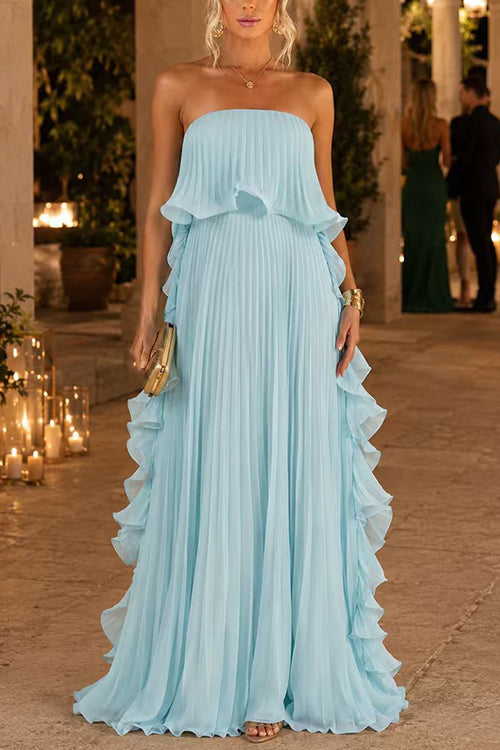 Febedress Strapless Tube Ruffle Pleated Swing Maxi Dress